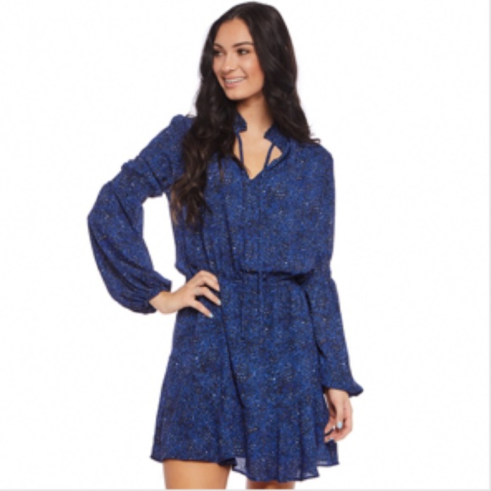 Blue animal print smocked waist mini dress size M